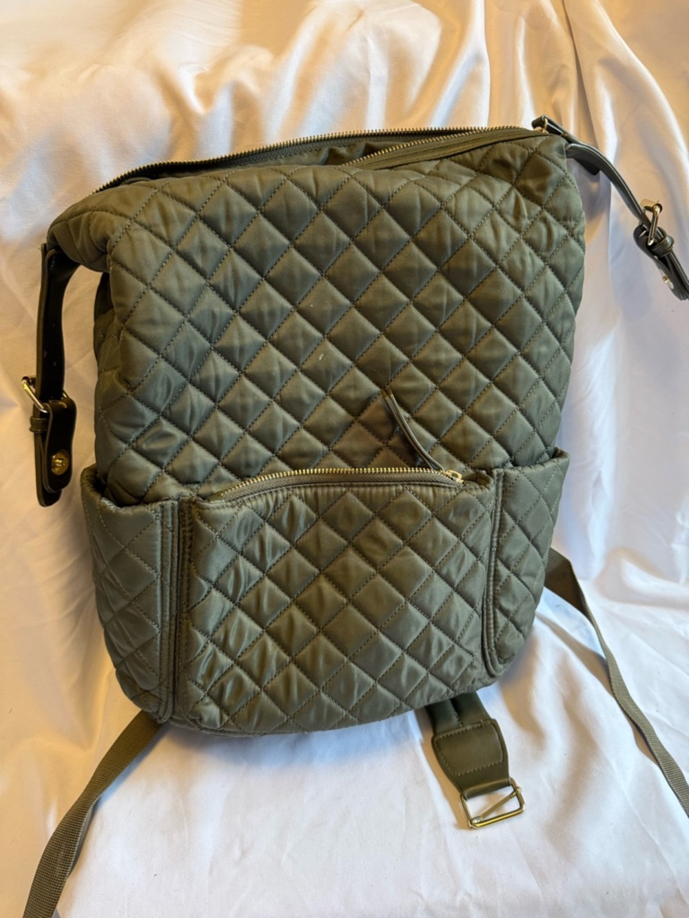 Tommy Bahama Quilted Olive Backpack with Front Zip Pocket